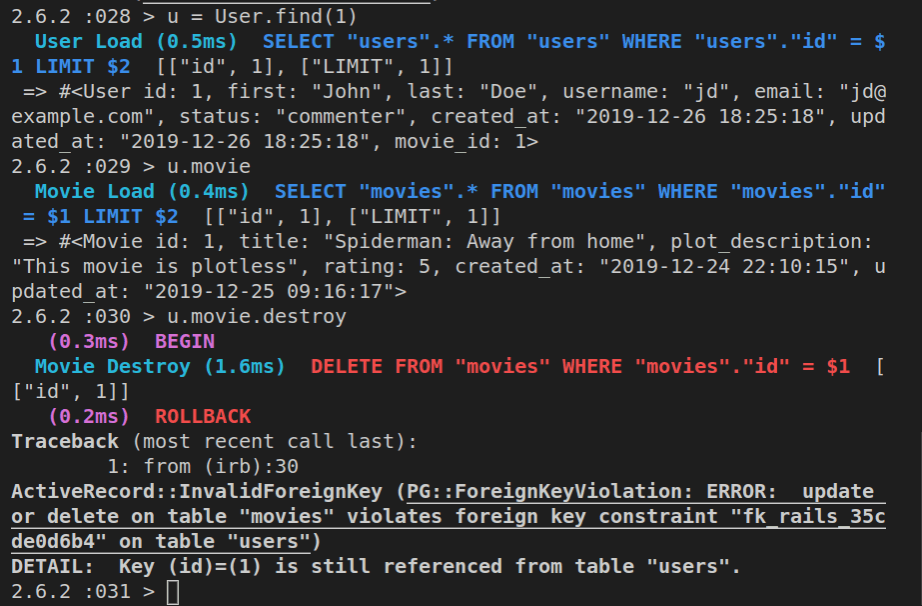 Update or delete on rable movies violates foreign key constraint