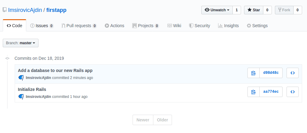 Viewing the list of commits on Github