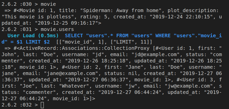 Viewing the movie object and the movie.users array