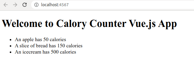 Our Vue app after adding the data to CalorieCounter.vue