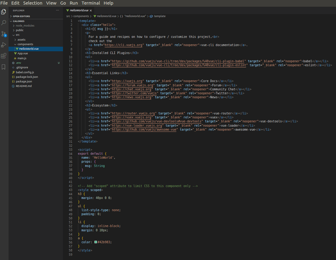 A screenshot of HelloWorld.vue file open in VS Code