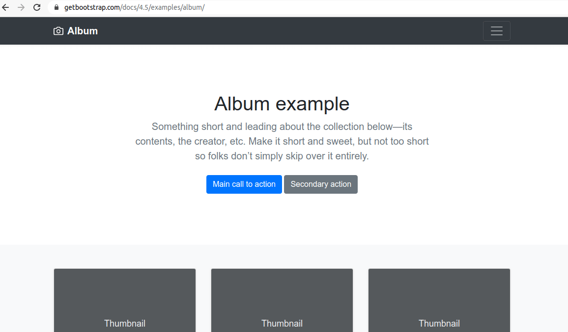 A screenshot of the example Album Bootstrap 4 layout