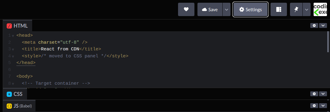 The settings button on Codepen