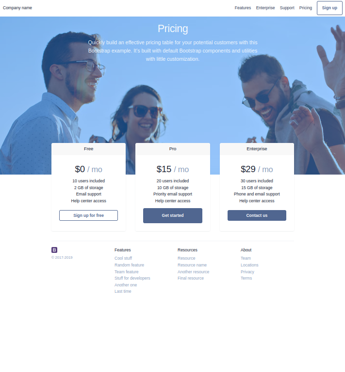 Pricing Example Bootstrap 4 layout